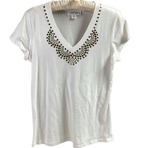 Josephine Studio Ladies Short Sleeve Vneck Top Gold Embellishment Petite S White